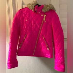 Juicy Couture Moto style hooded faux fur quilted jacket 
Excellent condition